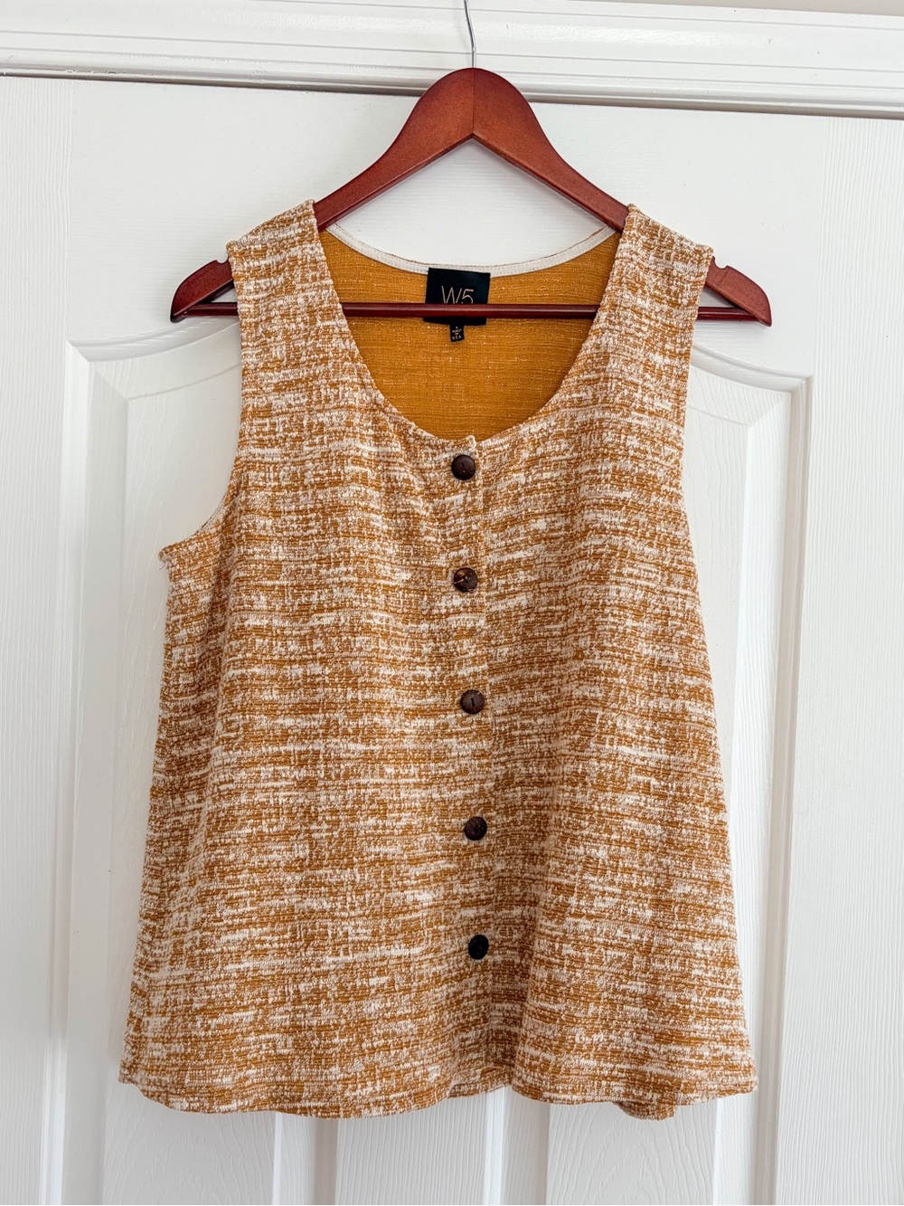 W5 Anthropologie Mustard Ivory Textured Button Front Sleeveless Top L Made USA